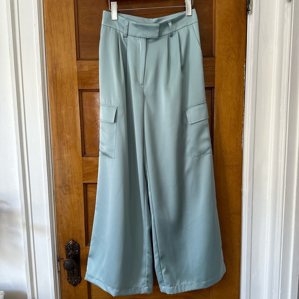 Aqua blue satin cargo trousers